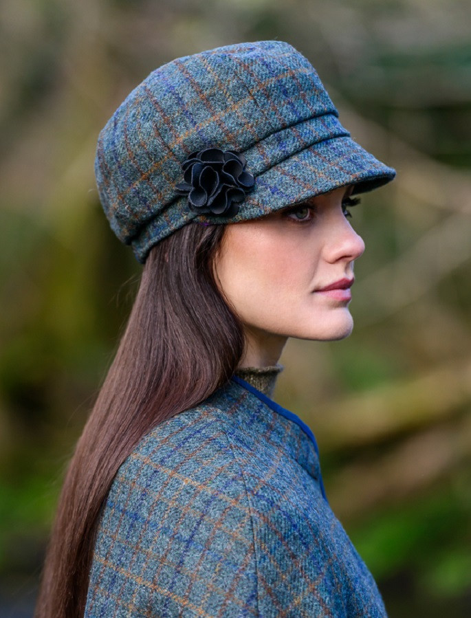 Ladies Tweed Newsboy Hat - Teal \u0026 Brown 