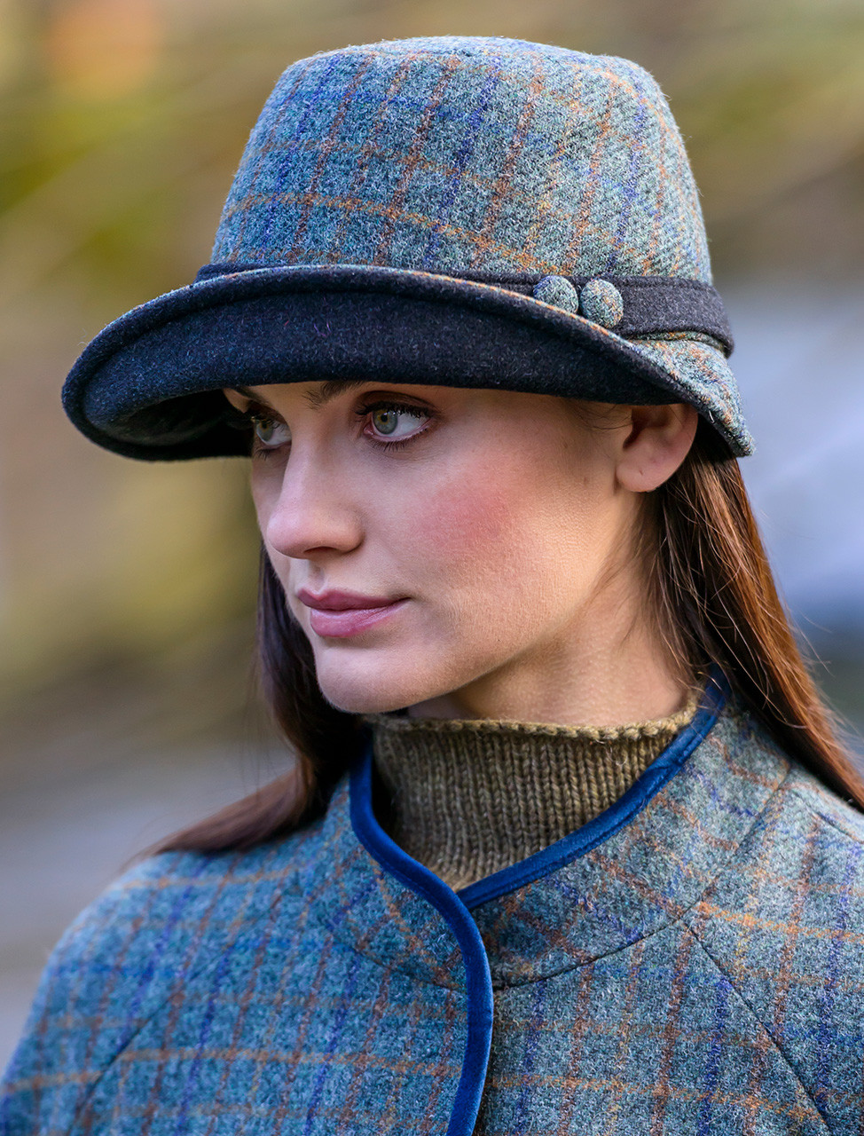 Ladies Tweed Clodagh Hat - Teal & Brown Plaid | Mucros Weavers