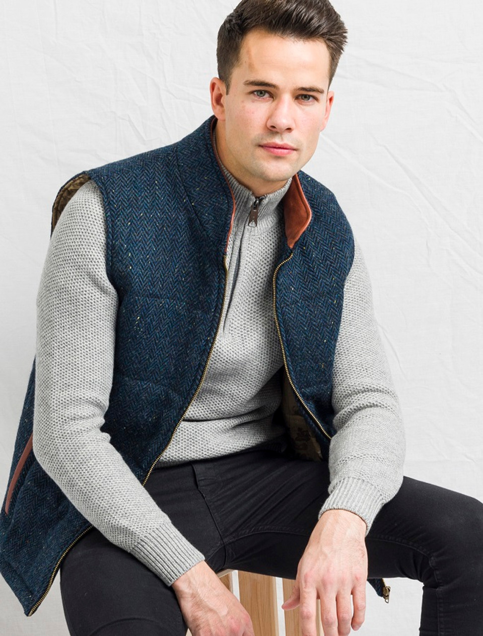 Men's Tweed Body Warmer - Blue Herringbone | Celtic Tweeds