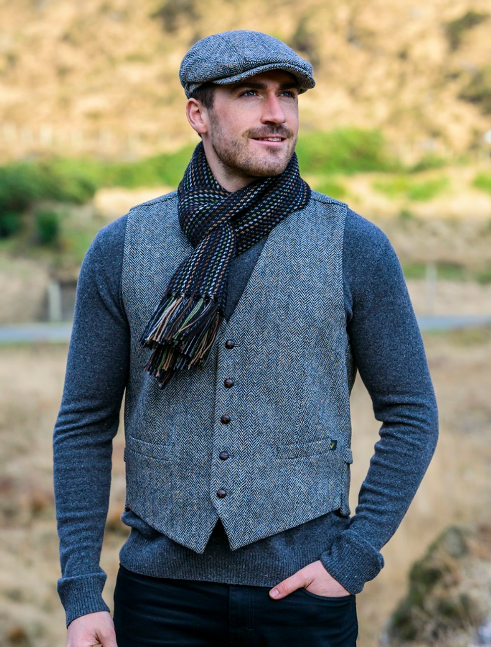 Irish Tweed Herringbone Waistcoat - Grey | Mucros Weavers