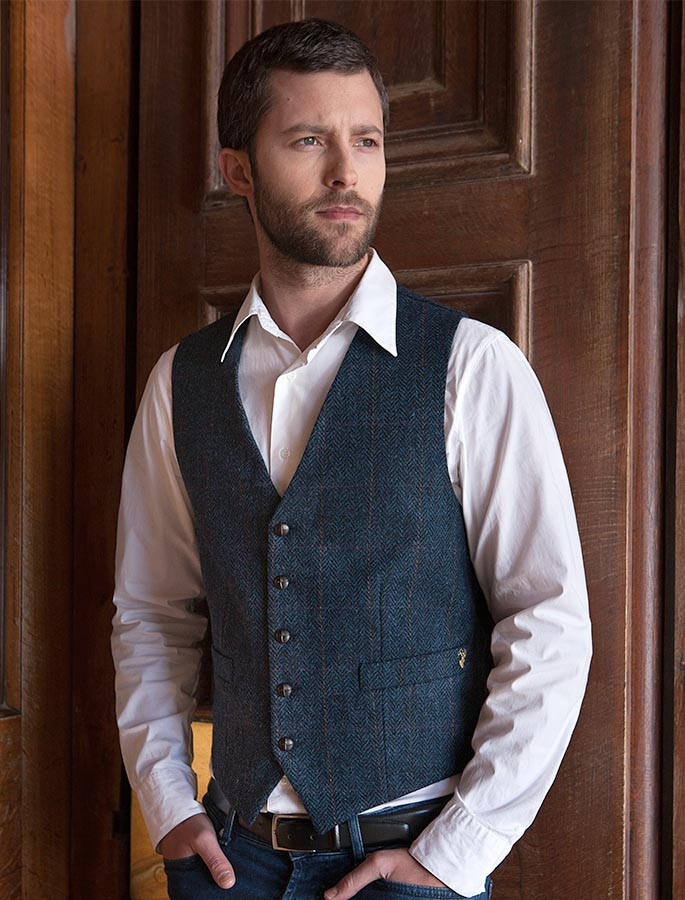 Irish Tweed Herringbone Waistcoat Denim & Rust Check Mucros Weavers