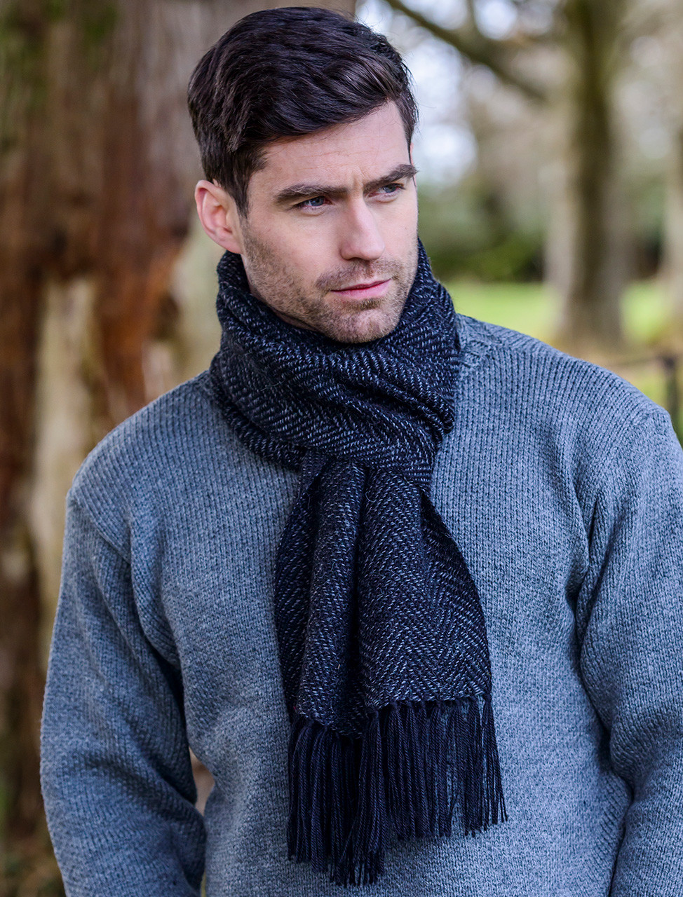 Mucros Weavers Soft Donegal Men's Tweed Scarf - Gray and Blue Herringbone
