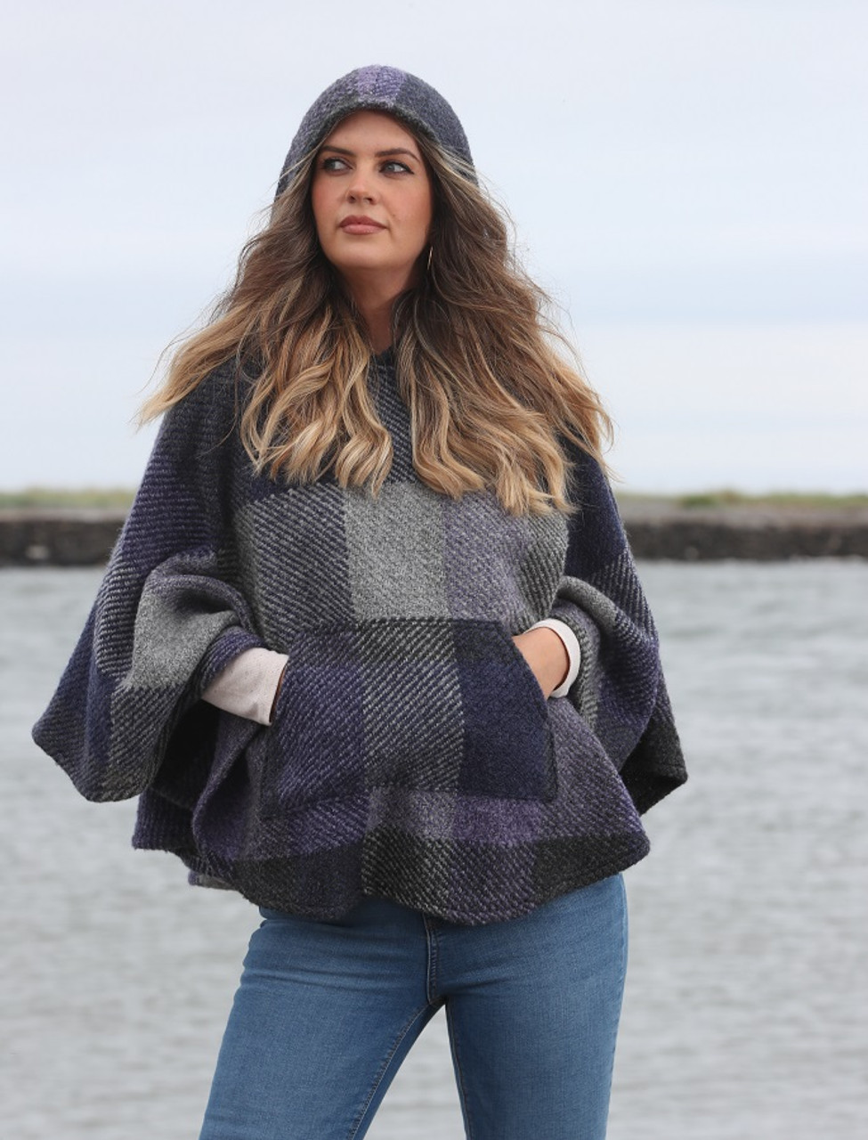 Cheryl Herringbone Hooded Poncho - Kildare Multi-Indigo | Branigan Weavers