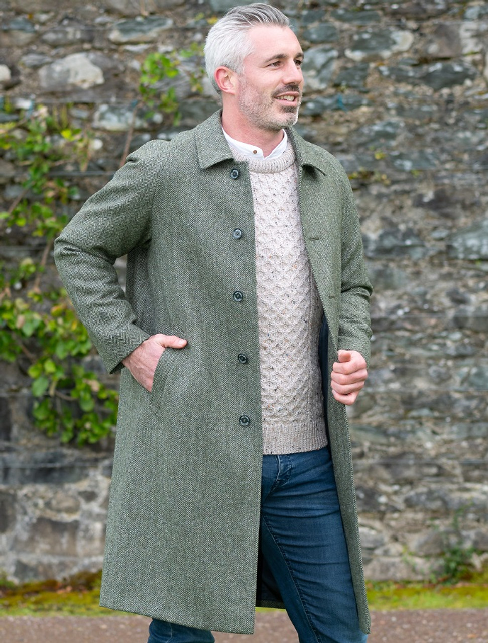 Sean Tweed Herringbone Coat - Olive Herringbone