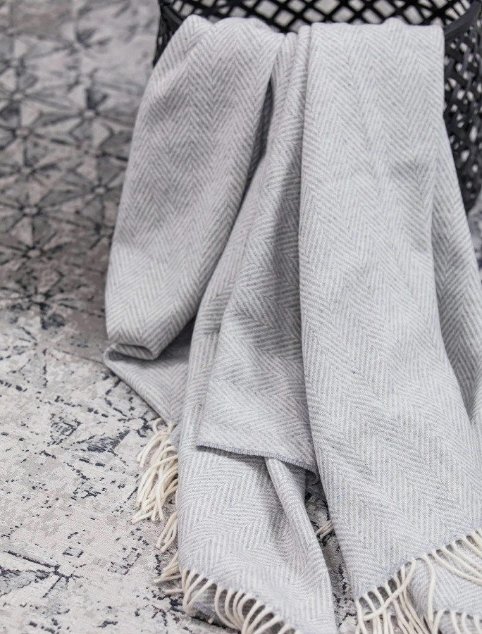 Wool and Cashmere Throw Pearl Grey Herringbone Foxford Woollen Mills