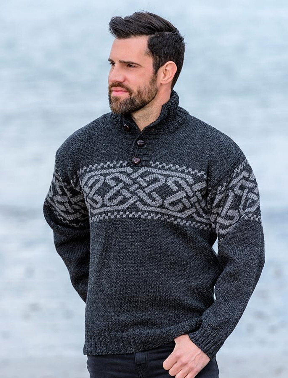 Irish Celtic Wool Men's Fisherman Troyer Sweater - Small