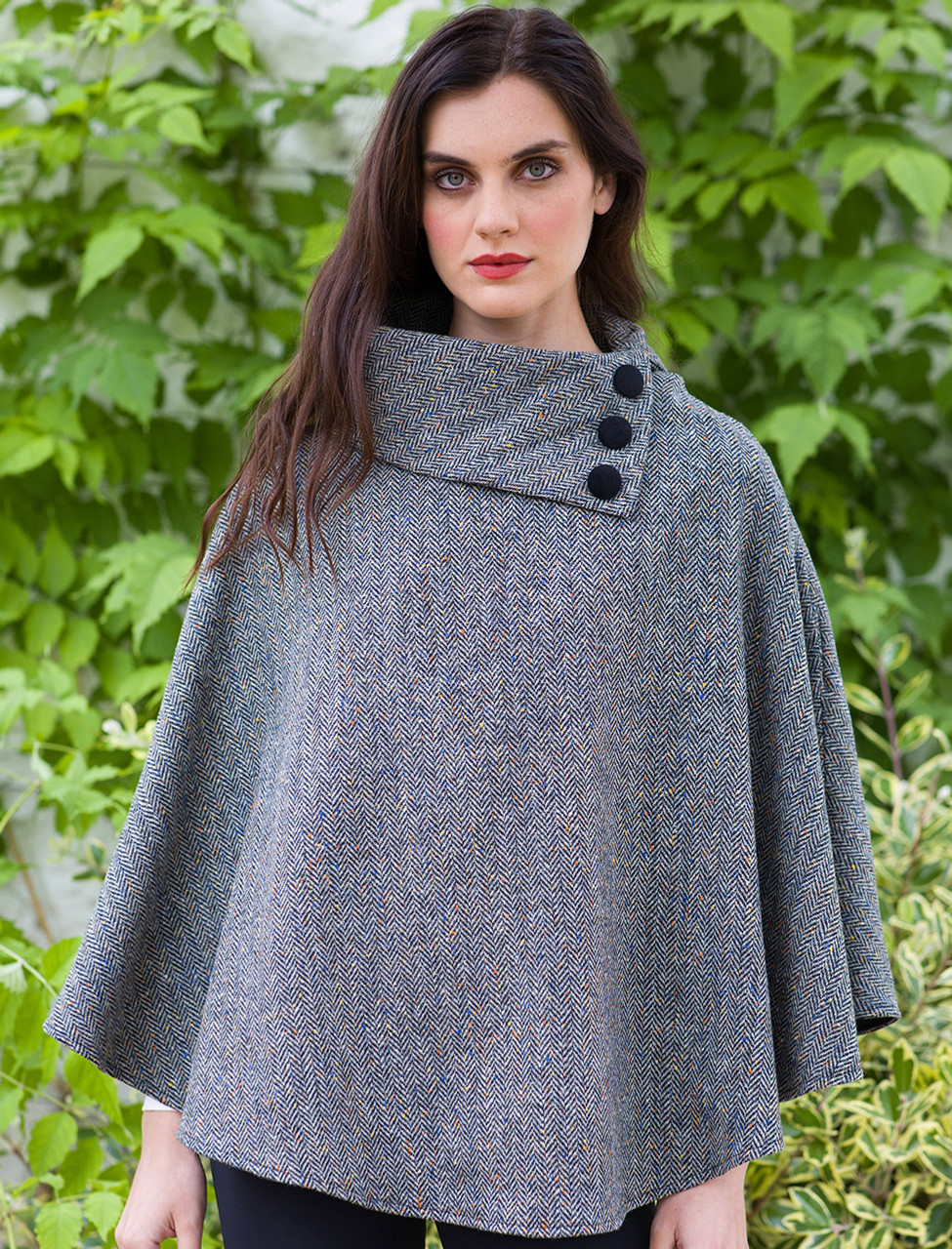 Mucros Tweed Poncho - Grey Herringbone