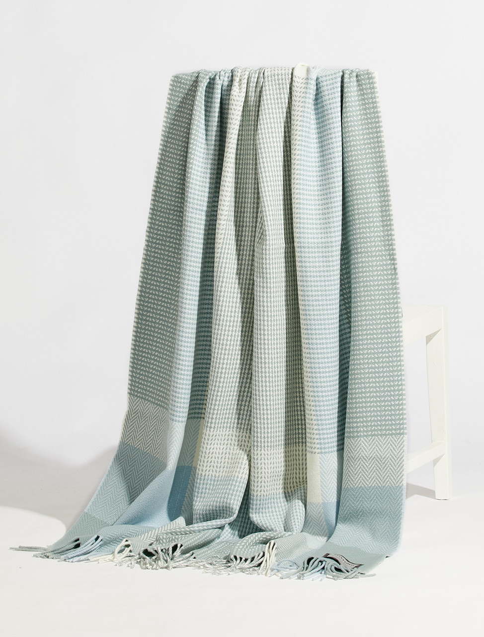 Wool and Cashmere Throw Sage Blue White Foxford Woollen Mills