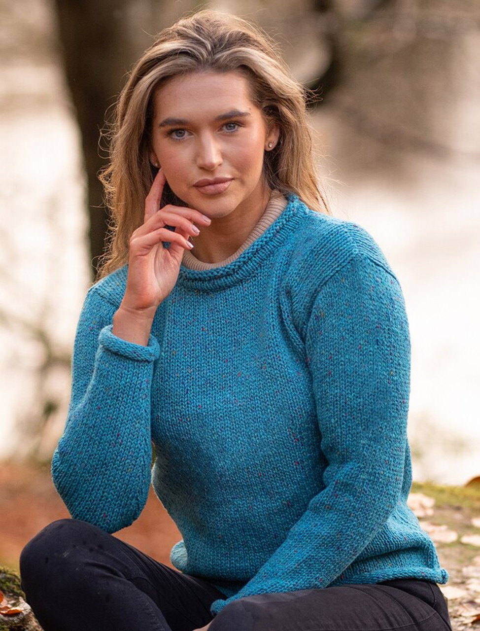 Ladies Aran Sweater Aqua