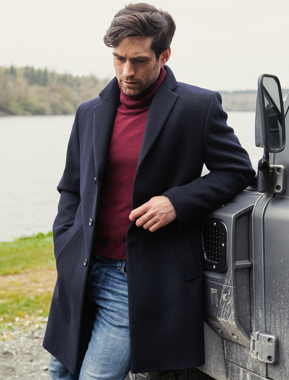 Owen Tweed 3/4 Coat - Deep Navy Melton