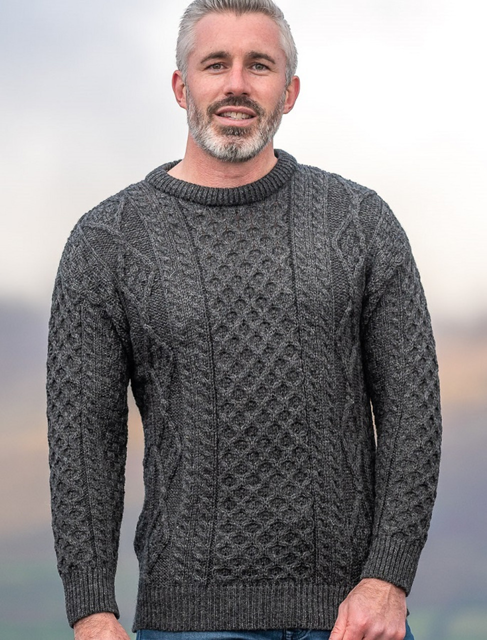 Men's Cable Knit Crew Neck Aran Wool Sweater [Free Express Shipping]