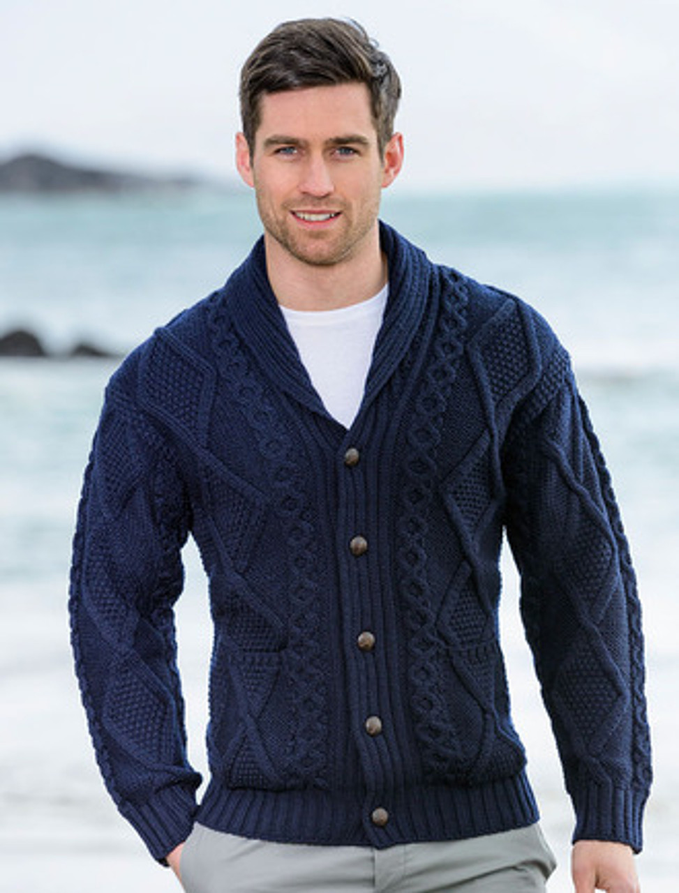 Men's Shawl Neck Diamond Cardigan - Weavers of Ireland