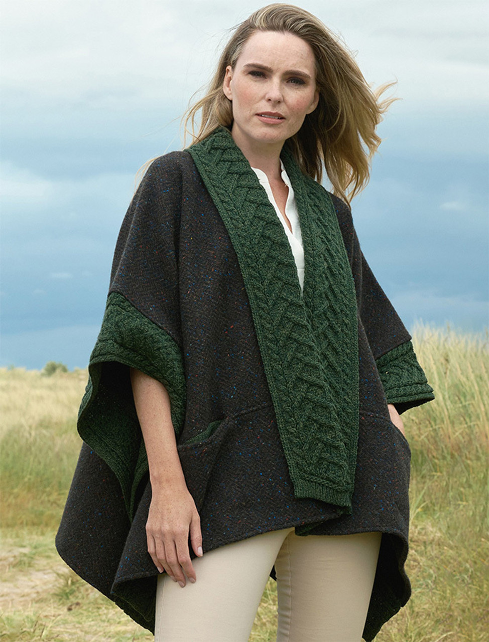 Handmade Hooded Cloak Wrap Wool Tweed Green (Made In Ireland)
