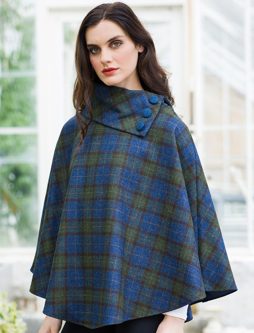 Mucros Tweed Poncho - Blue Green & Wine