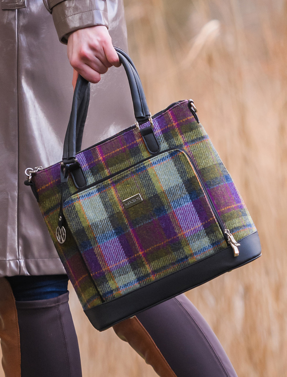 Kelly Tweed & Leather Tote Bag - Green And Pink Plaid