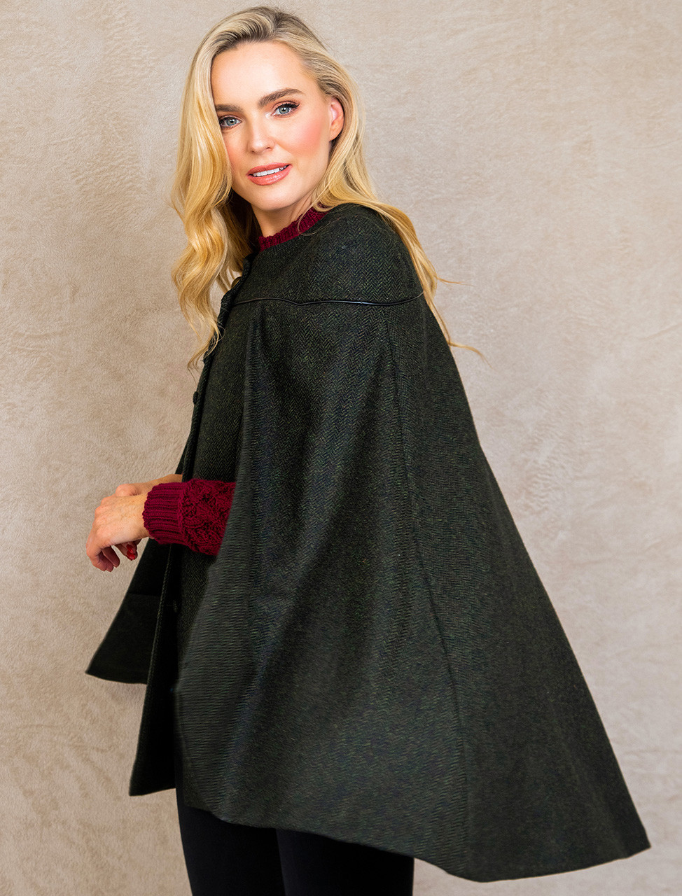 Aisling Tailored Tweed & Leather Cape - Winning Green Herringbone ...