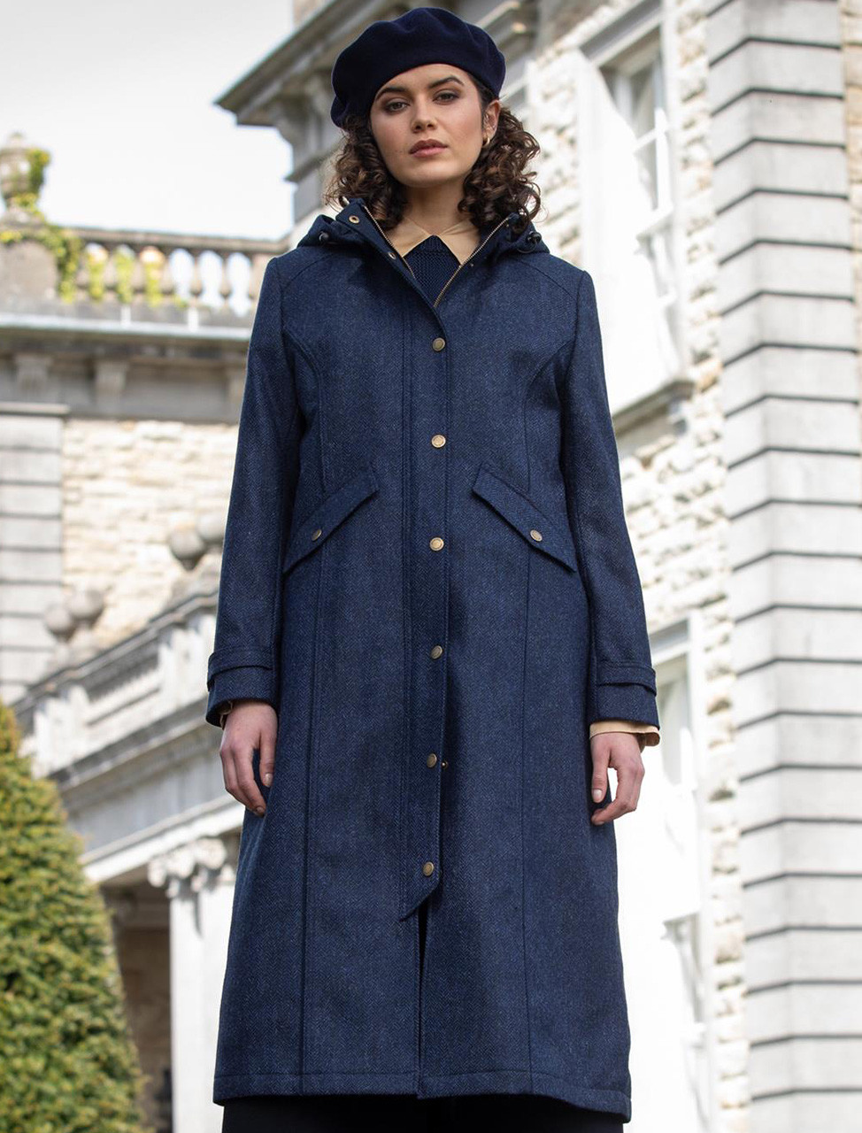 Julia Long Tweed Coat - Navy Herringbone