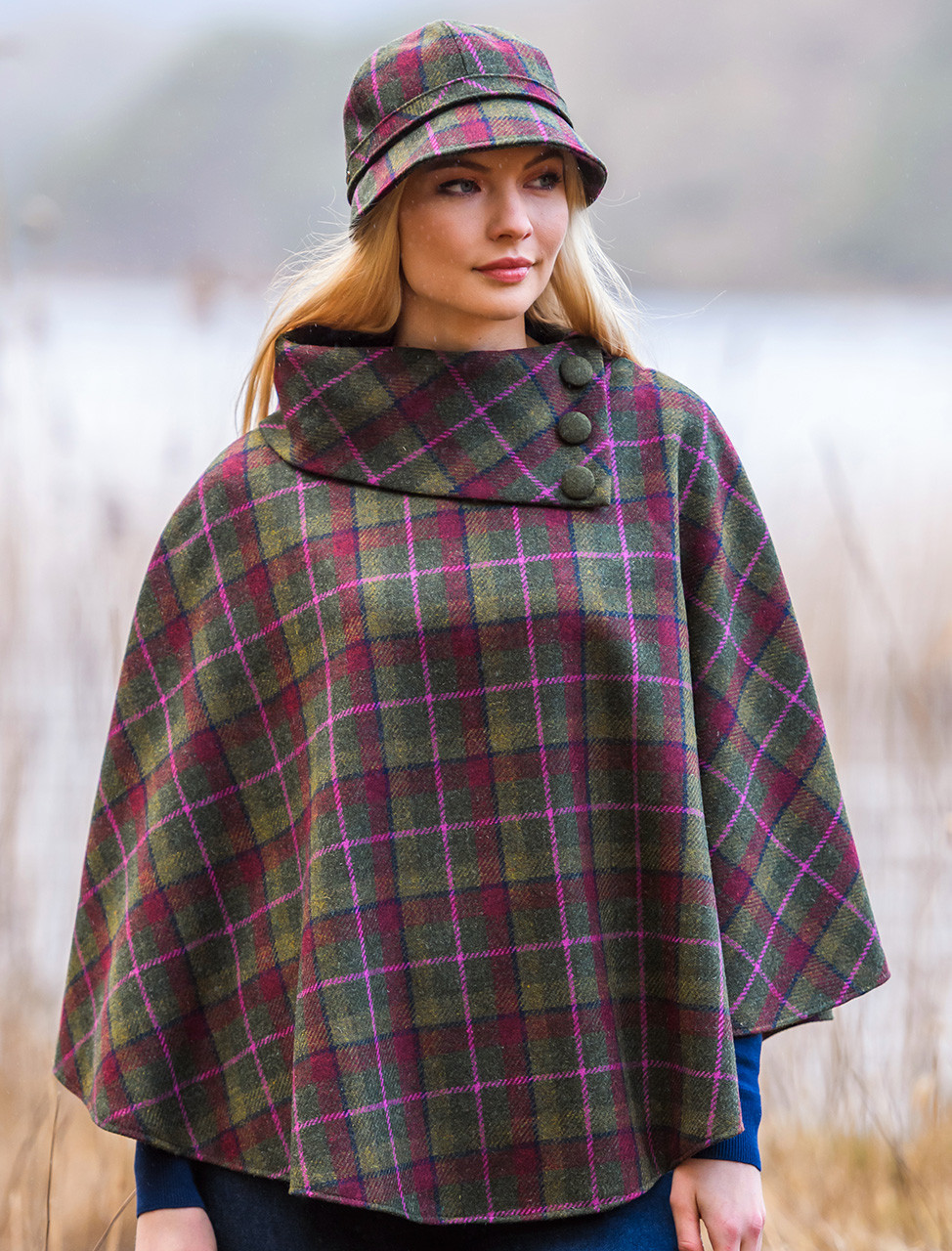 Mucros Tweed Poncho - Green Red Pink