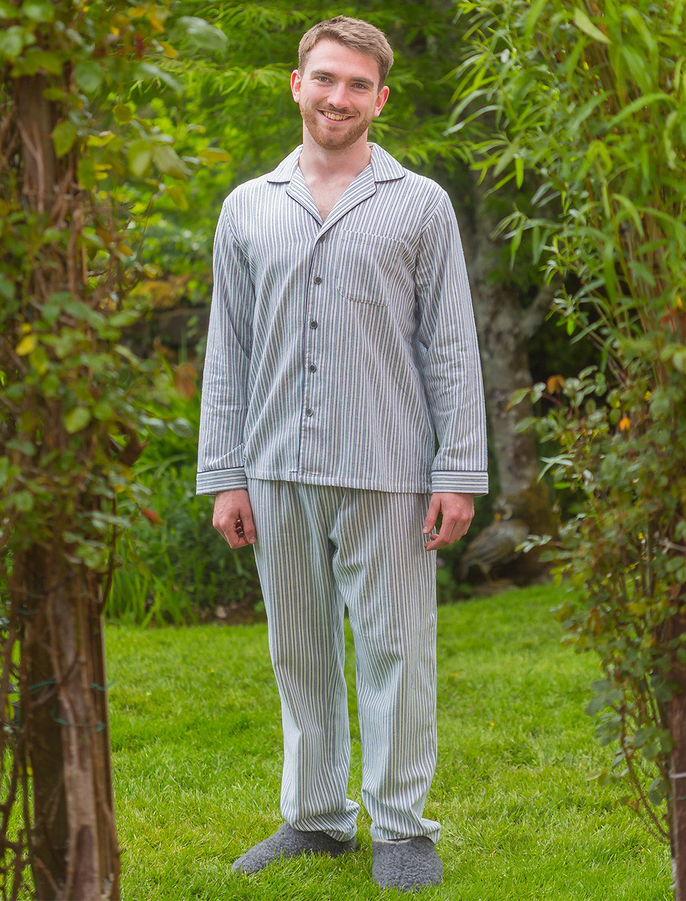 Men's Irish Flannel Lounge Pyjamas - Blue Stripe | Weavers Of Ireland