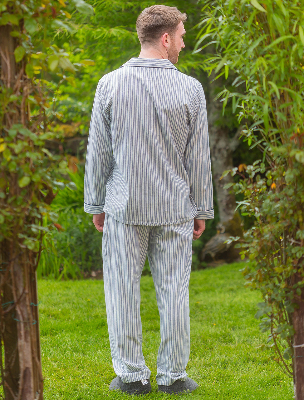 Men's Irish Flannel Lounge Pyjamas Blue Stripe Weavers Of Ireland