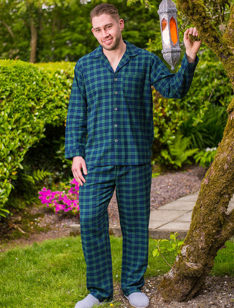 Men s Irish Flannel Lounge Pyjamas Green Blackwatch Tartan