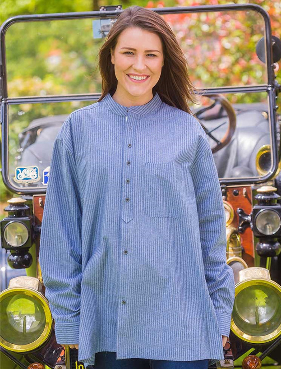 Ladies Vintage Cotton Grandfather Shirt - Blue & White Pin Stripe