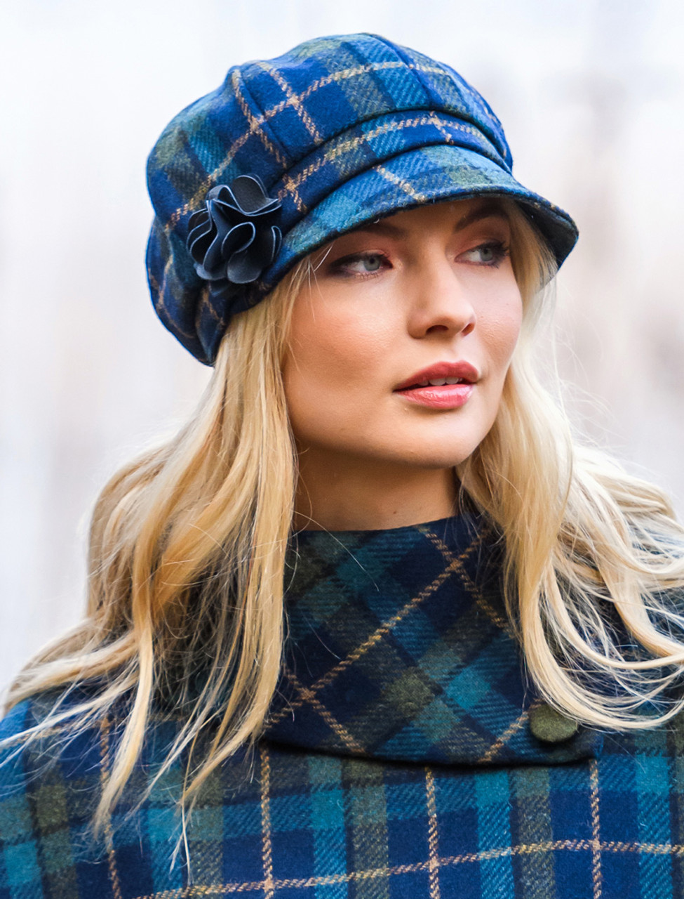 Ladies Tweed Newsboy Hat - Navy, Sky & Green | Mucros Weavers