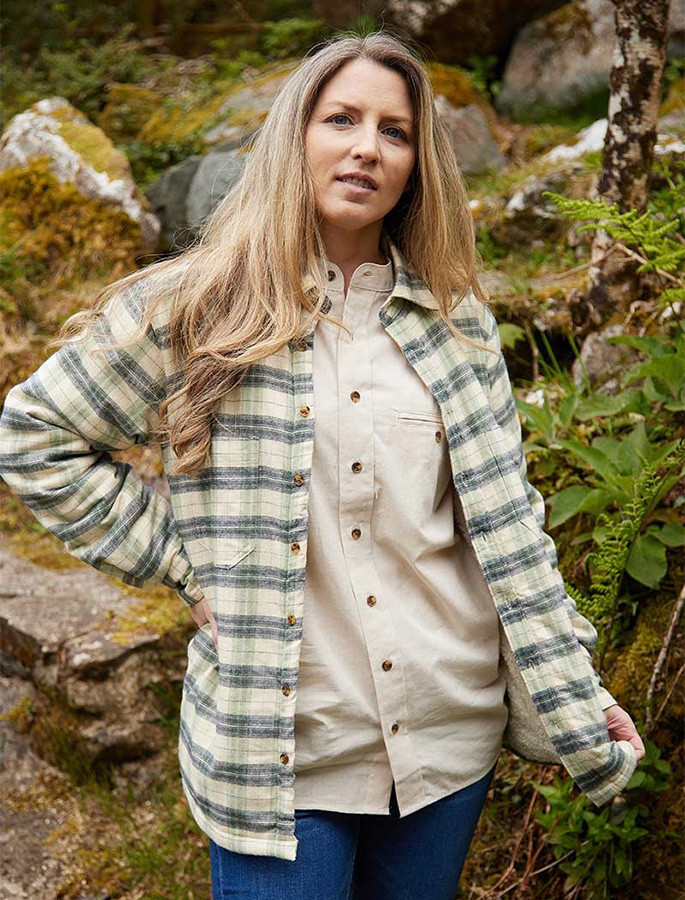 Ladies Fleece Lined Flannel Shirt - Ecru Green \u0026 Navy Check | Weavers Of  Ireland