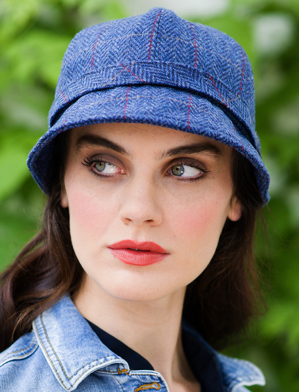 Ladies Tweed Flapper Cap - Blue with Red