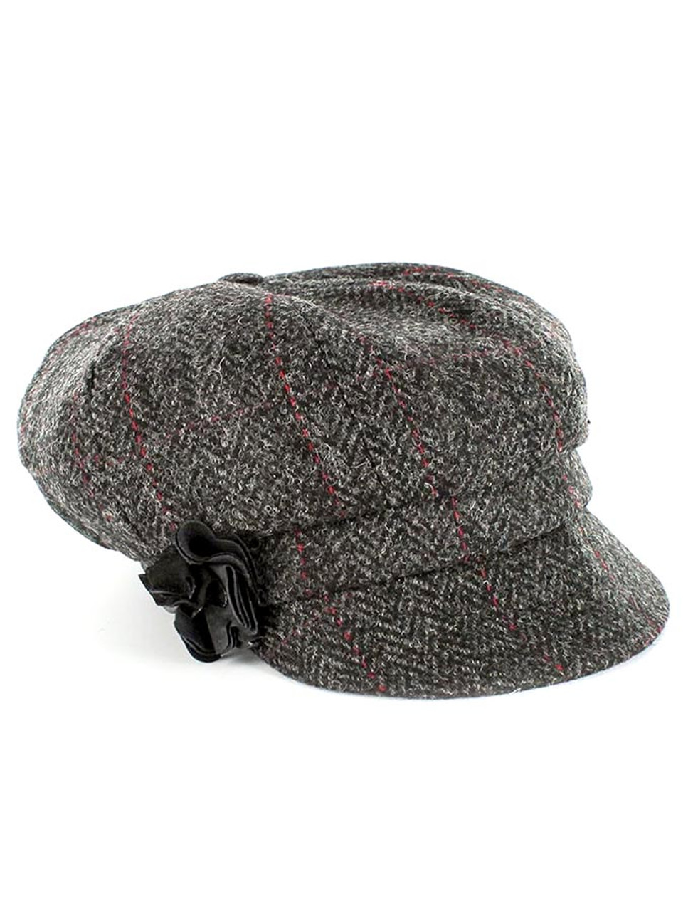 Ladies Tweed Newsboy Hat - Charcoal with Red | Mucros Weavers