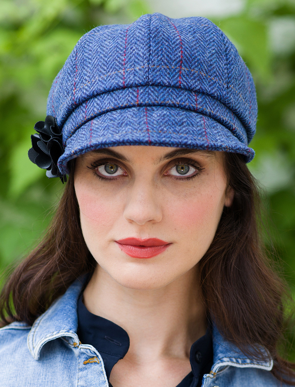 Ladies Tweed Newsboy Hat - Blue with Red | Mucros Weavers