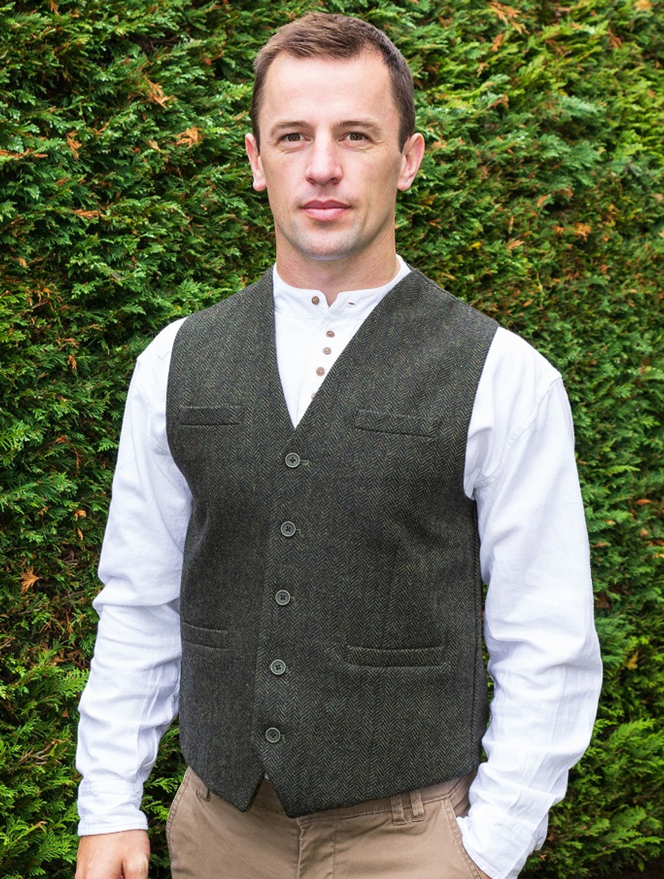 Tweed Herringbone Waistcoat - Olive