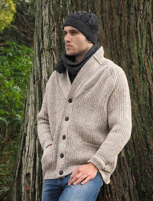 Rib-Knit Shawl Collar Cardigan