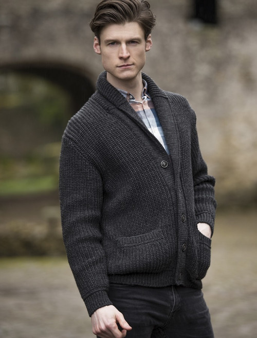 Merino Wool Ribbed Shawl Neck Cardigan