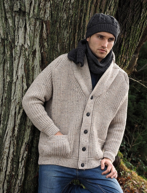 Merino Wool Ribbed Shawl Neck Cardigan