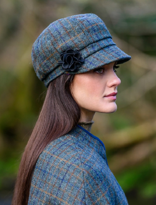 Ladies Tweed Newsboy Hat - Teal & Brown Plaid | Mucros Weavers