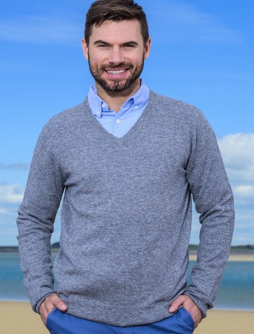 Lambswool Sweater Grey V Neck Sweater Men Blue Jeans Mens