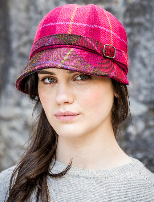 Ladies Tweed Newsboy Hat - Pink Plaid 