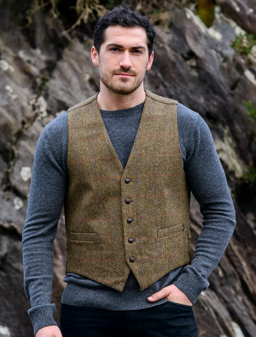 Irish Tweed Herringbone Waistcoat - Brown & Red Check | Mucros Weavers