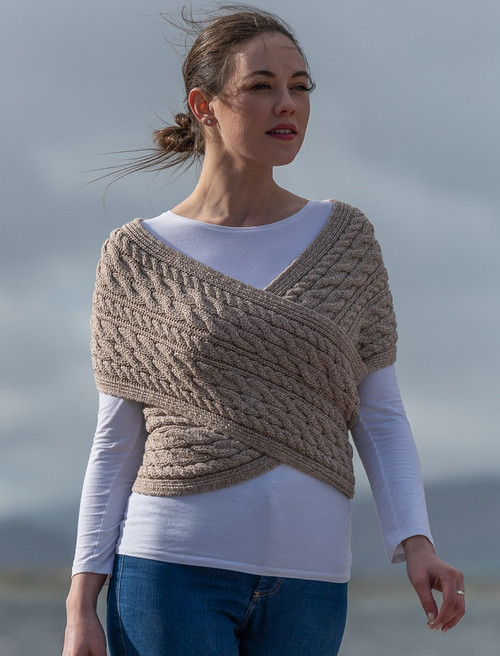 Merino Aran Cable Crossover Wrap with 