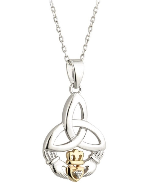 Silver 10K Gold & Diamond Trinity Knot Claddagh Pendant 