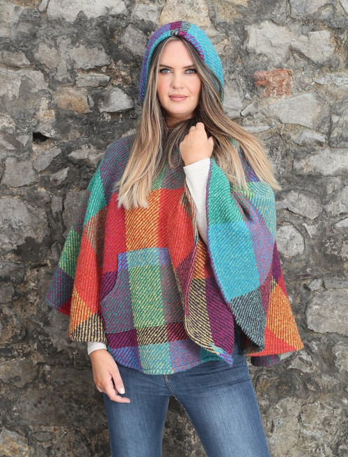 Cheryl Herringbone Hooded Poncho - Kildare Multi-Light-Green