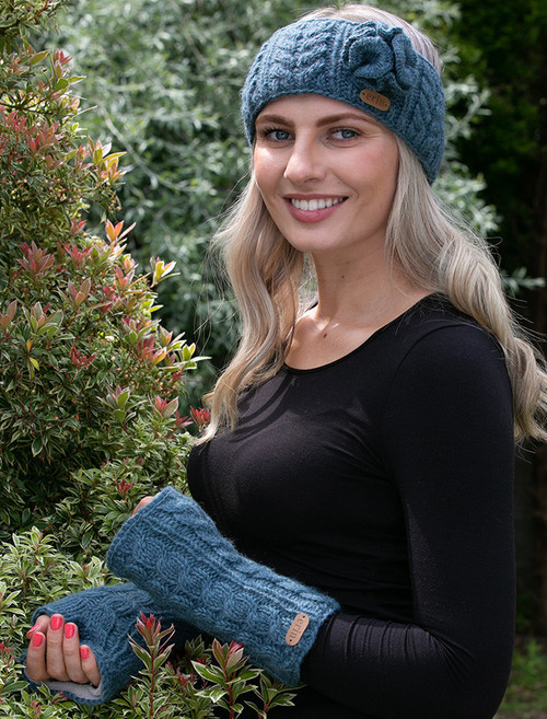 Aran Cable Knitted Wool Headband with Flower Green - Aran Accessories