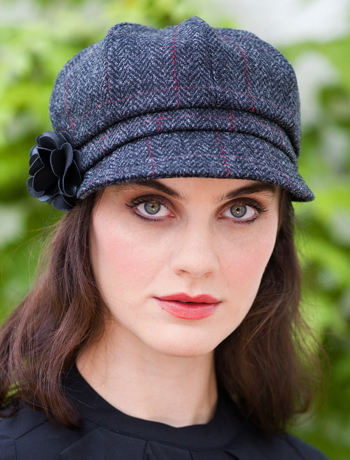 Ladies Newsboy Hat - Charcoal With Red