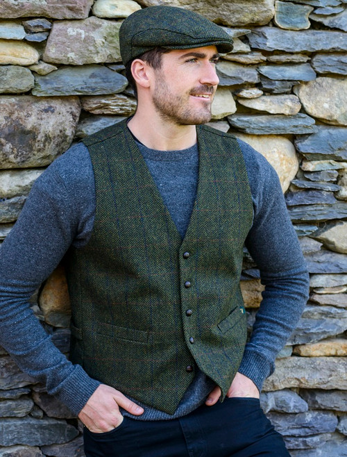 Irish Tweed Herringbone Waistcoat - Forest Green | Mucros Weavers