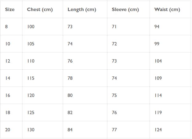 Beachcomber Ladies Jacket Size Guide