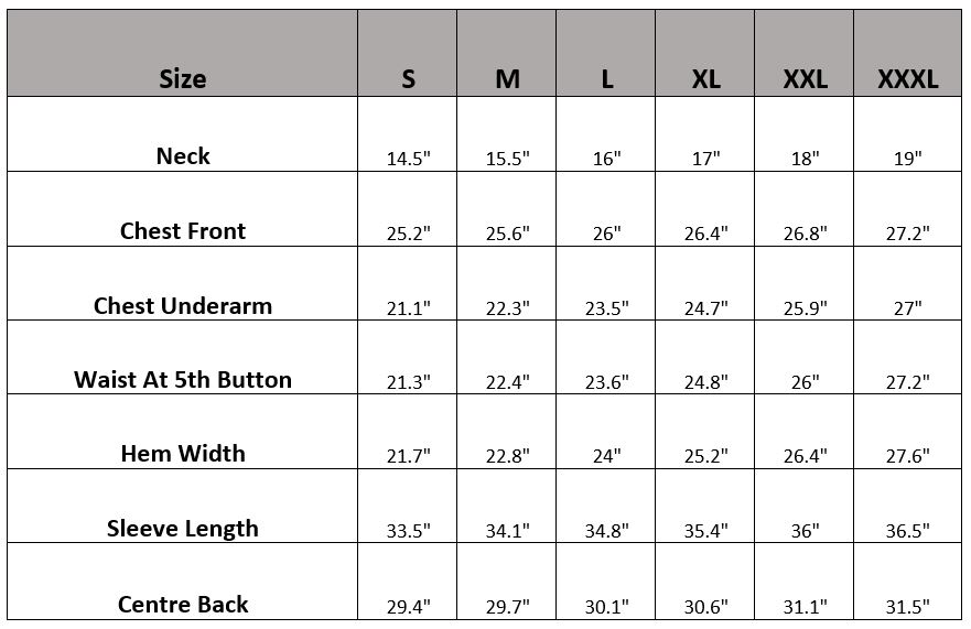 Pure Irish Linen Shirt Size Guide