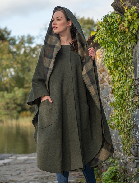 Donegal Tweed Pure Wool Country Walking Cape - Moss Green