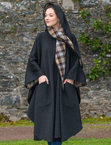 Irish Donegal Tweed Hooded Ruana Wrap Cape Black/ -  Canada