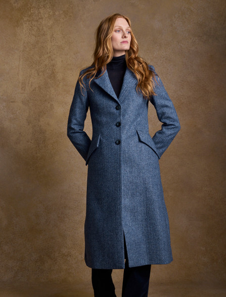 Fran Long Tweed Coat - Light Blue Herringbone Fran Long Tweed Coat - Light Blue Herringbone